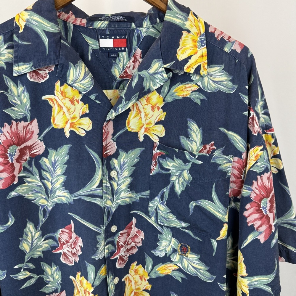 VTG Tommy Hilfiger Men's Large Hawaiian Button Up‎ Shirt Blue